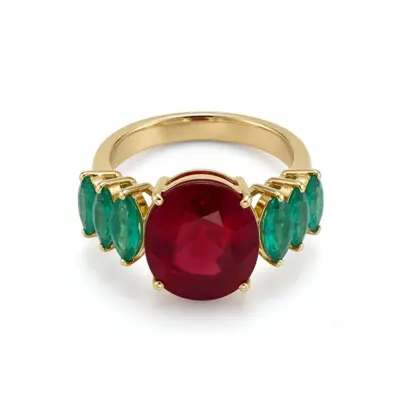 Anel Majesté Rubi e Esmeraldas em Ouro Amarelo 18k