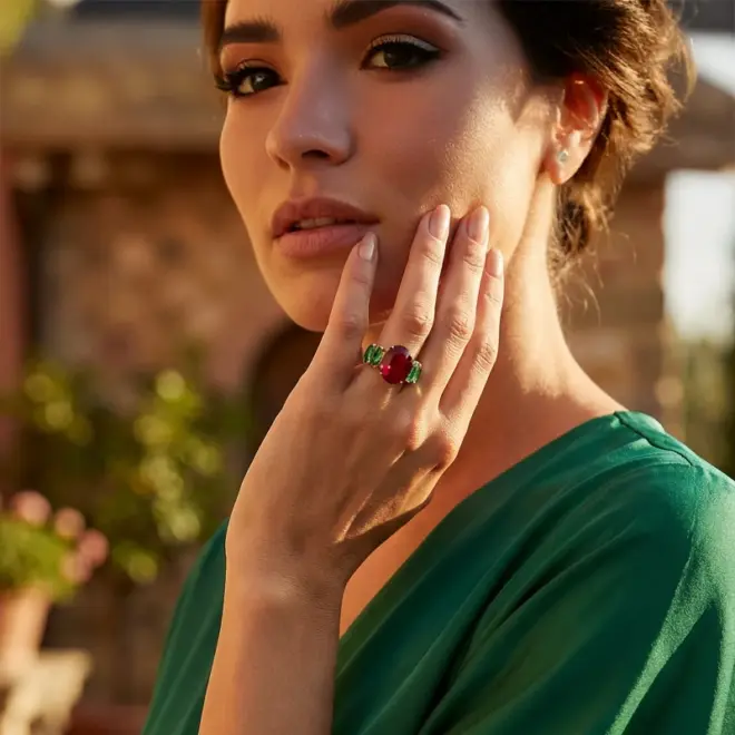 Anel Majesté Rubi e Esmeraldas em Ouro Amarelo 18k - Detalhe