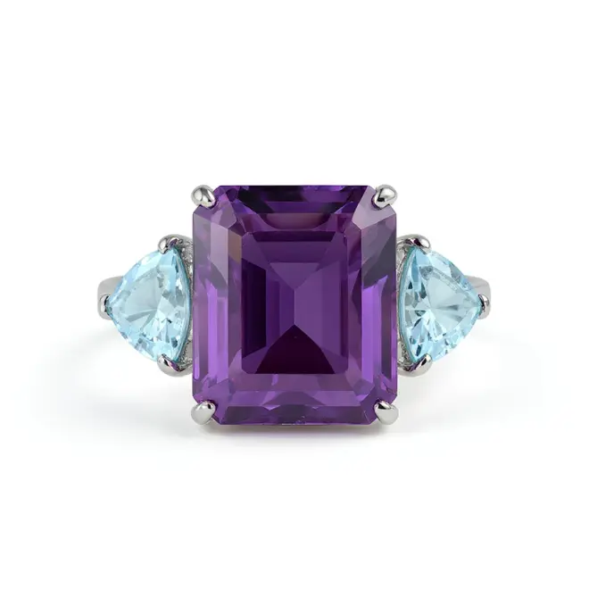 Anel Três Pedras Ametista e Topázios Azuis em Ouro Branco 18k