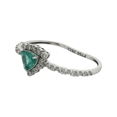 Anel Duplo Triângulo de Esmeralda em Ouro Branco 18k com Diamantes