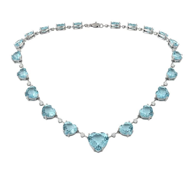 Colar Coeur Topázios Azuis com Diamantes em Ouro Branco 18k